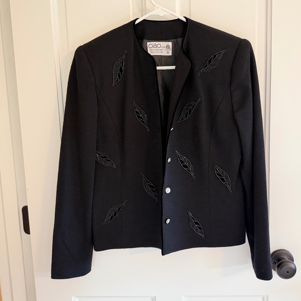 Vintage Ciao Ltd Hong Kong Black Wool Beaded Leaf Blazer Jacket Size 6 80s